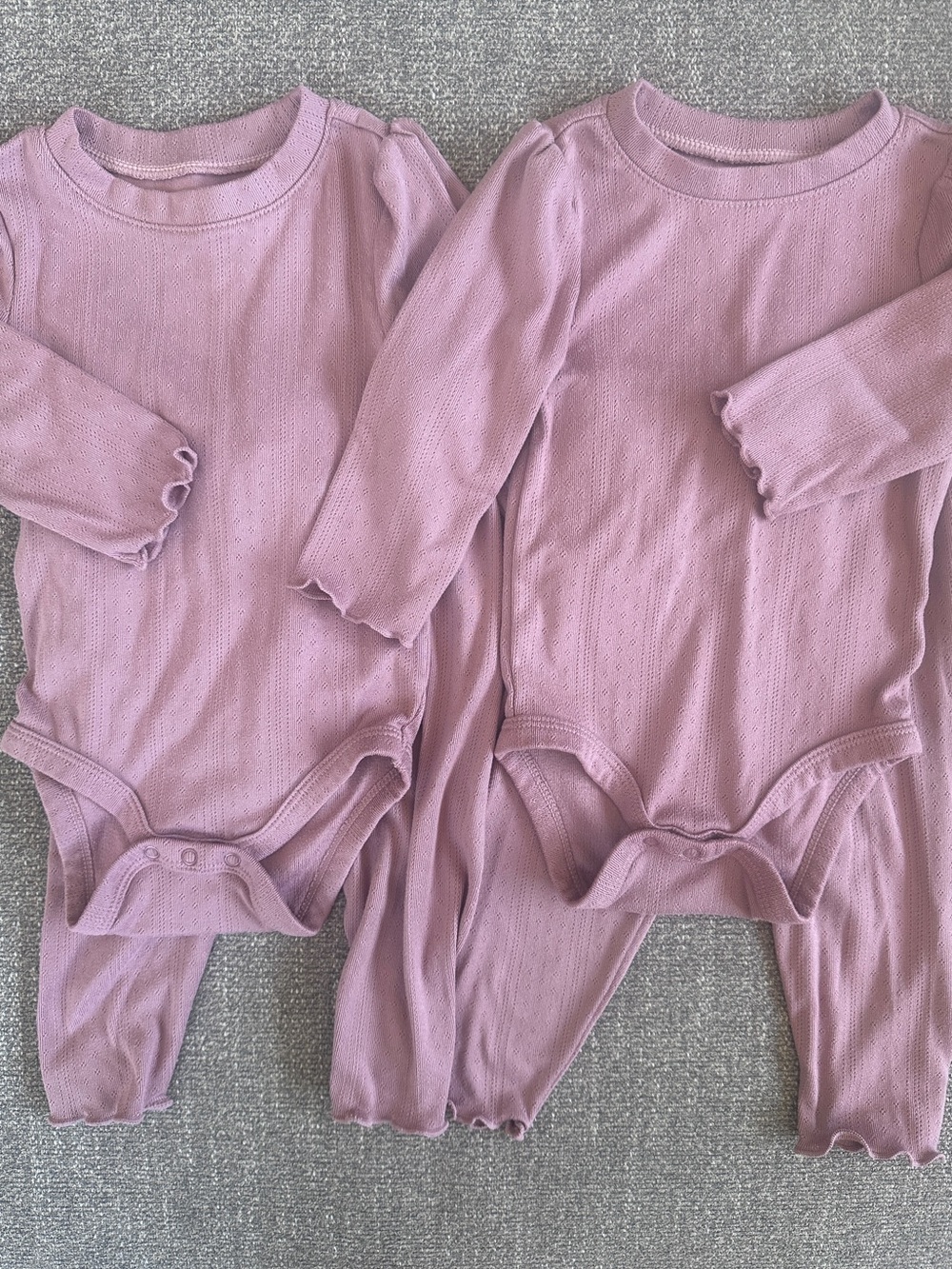 Twin Set of Pointelle Long-Sleeve Baby Onesies and Pants | Twin Girls Clothing